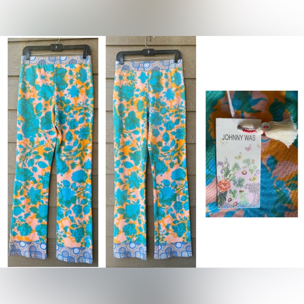 Johnny Was Floral Teal Cotton Spandex Flare Pants Size Small NWT
